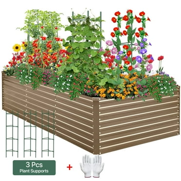 AMOBRO 8x4x2ft Outdoor Metal Raised Garden Bed Planter Box for Vegetables, Flowers, Herbs w/ 3 Tomato Cages Brown