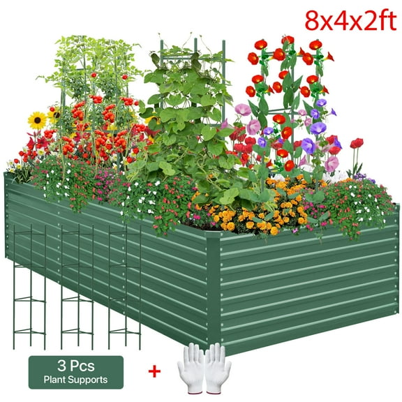 AMOBRO 8x4x2ft Outdoor Metal Raised Garden Bed Planter Box for Vegetables, Flowers, Herbs w/ 3 Tomato Cages Green