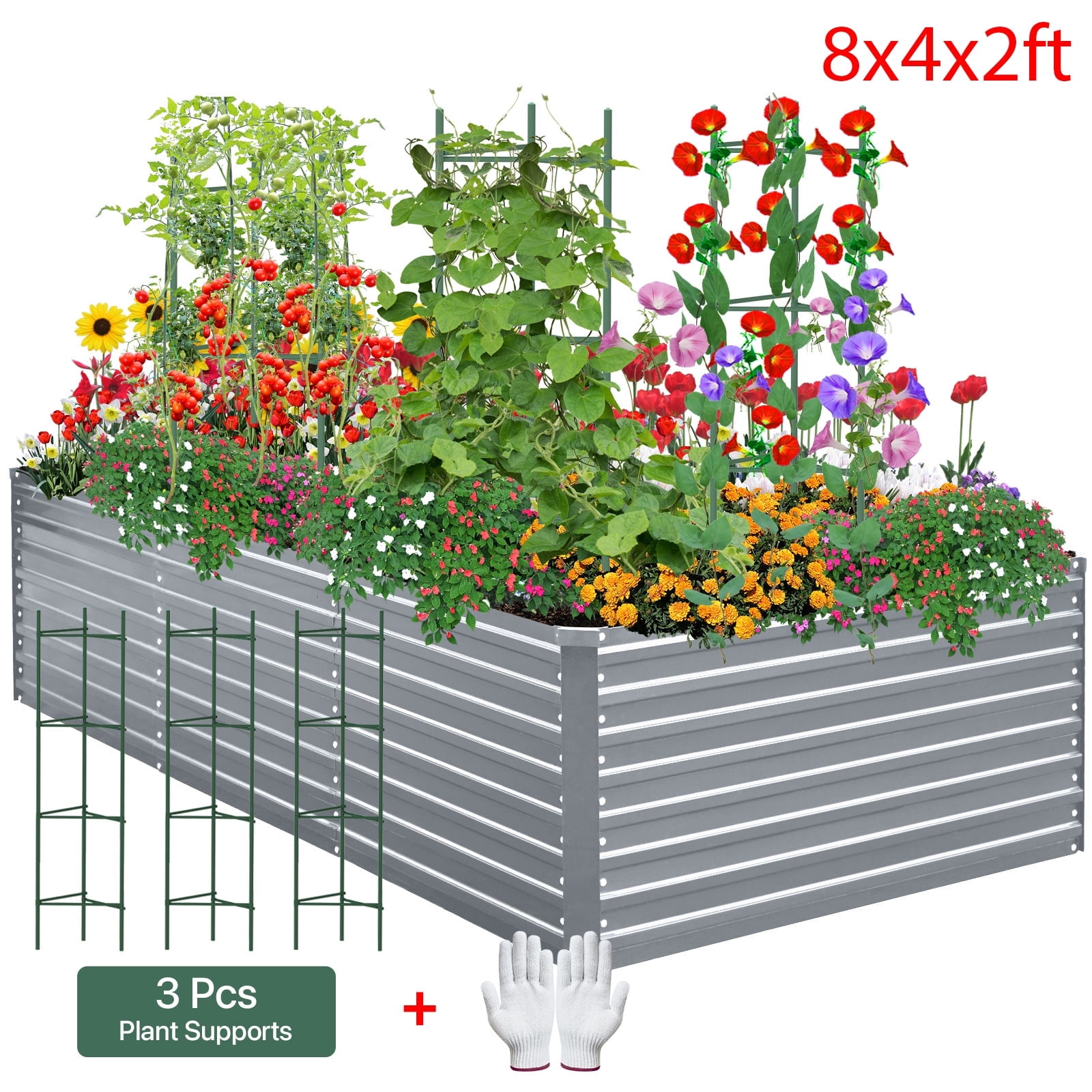 AMOBRO 8x4x2ft Outdoor Metal Raised Garden Bed Planter Box for Vegetables, Flowers, Herbs w/ 3 Tomato Cages Silver