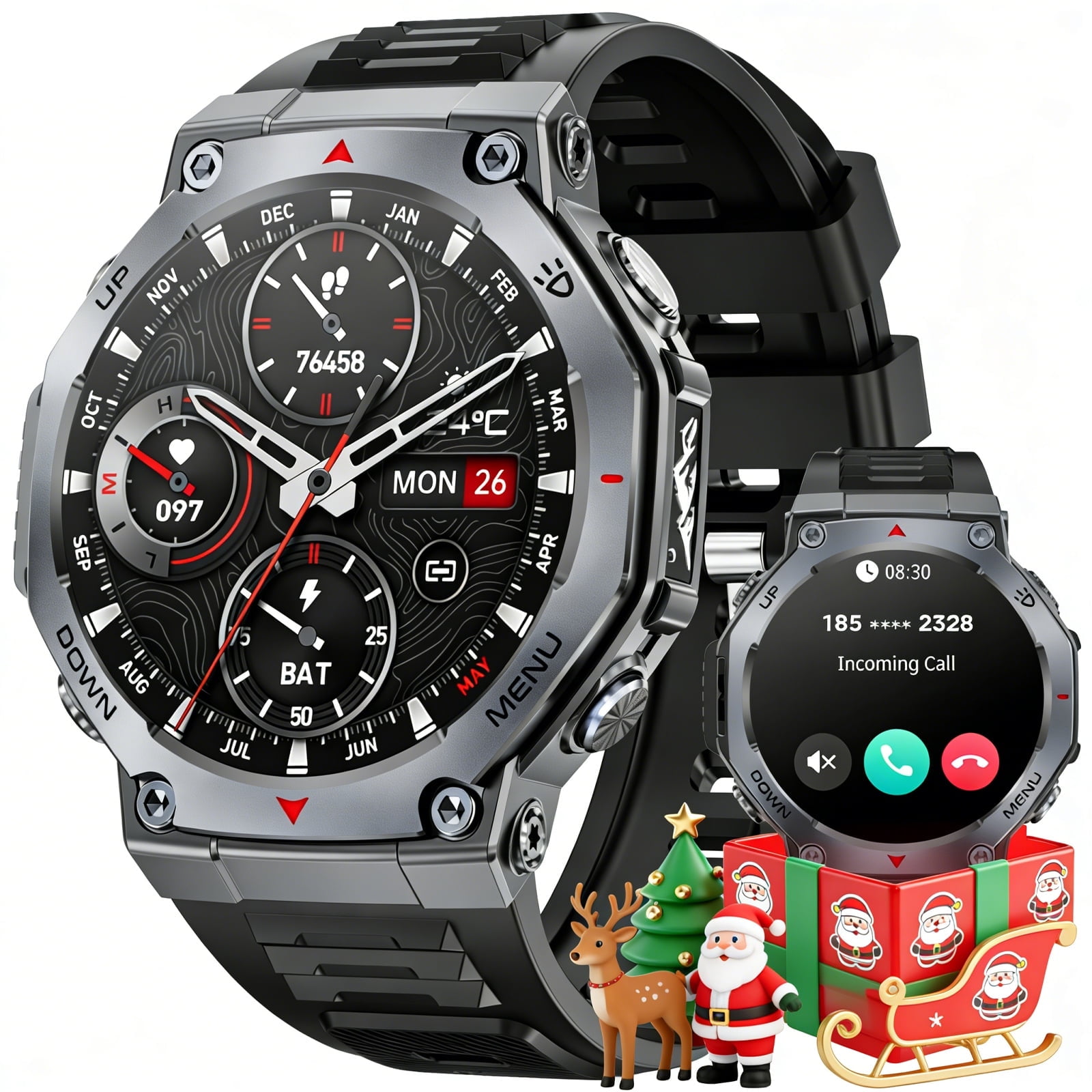 Haulvean Military Smart Watch for Men, 1.43-inch AMOLED Outdoor Sports Fitness Tracker Watch, with Answer/Make Calls/100 Sports Modes, fits for Android and Iphone Devices (Black)