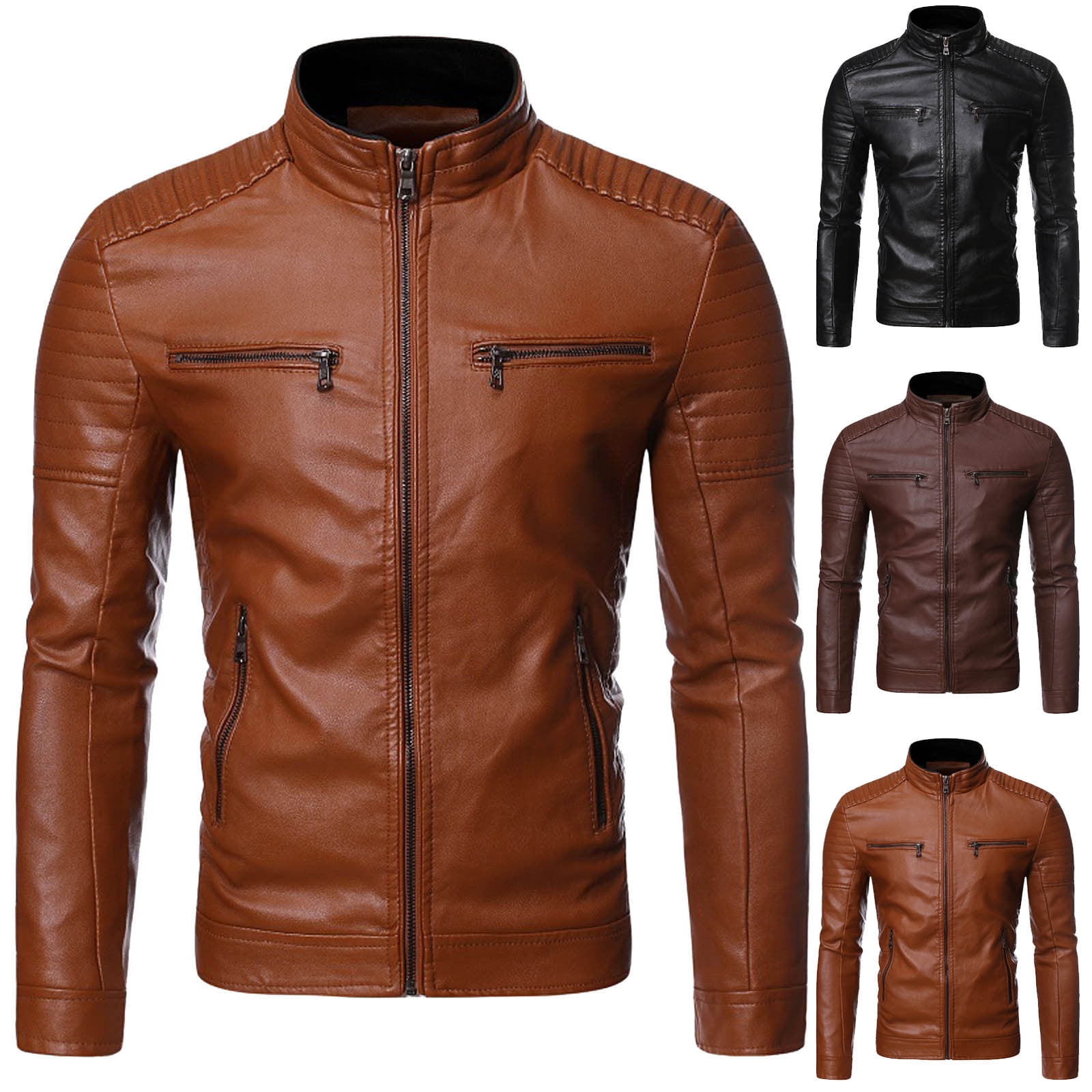 AMOMENT Winter Men's Casual Stand Collar Motorcycle Leather Jacket Coat