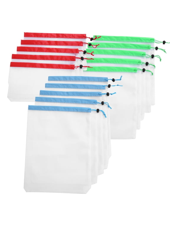 15 Pcs Heavy Duty Reusable Mesh Produce Bags, Barcode Scanable See Through Food Safe Mesh Bags with Drawstring for Fruits, Vegetable, Food, Toys, Grocery Storage, Large Medium Small