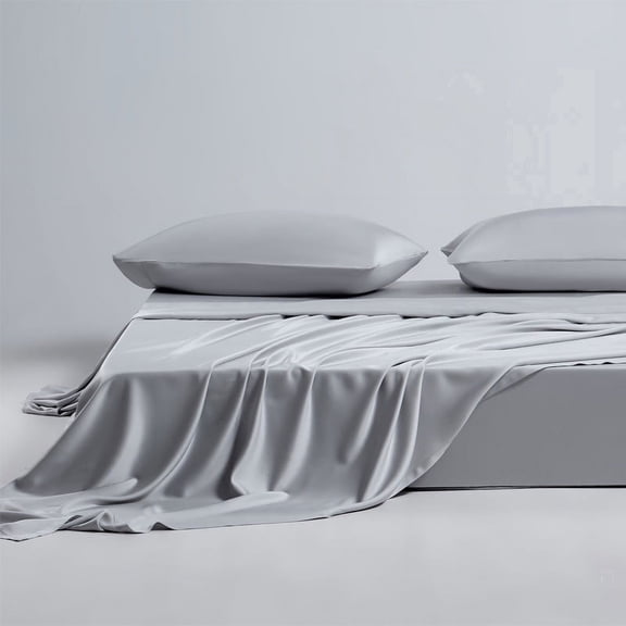 AMONOL 4-Piece 300 Thread Count Silver 100% Bamboo Fiber Bed Sheet Set, Queen - Deep Pocket