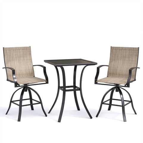 AMOPATIO 3-Piece Patio Swivel Bar Set - All Weather High Top Bistro Set with 2 Oversize Bar Stools & Metal Table for Backyard, Garden, Porch, Khaki