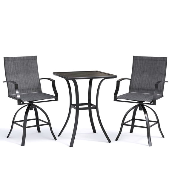 AMOPATIO 3-Piece Patio Swivel Bar Set - All Weather High Top Bistro Set with 2 Oversize Bar Stools & Metal Table for Backyard, Garden, Porch, Dark Gray