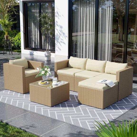 AMOPATIO 6-Piece Patio Furniture Set, Outdoor Conversation Set with Tempered Glass Coffee Table & Cushions, Waterproof PE Rattan Sectional Sofa for Backyard, Patio, Garden (Off-white)