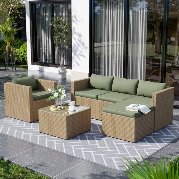 AMOPATIO 6-Piece Patio Furniture Set, Outdoor Conversation Set with Tempered Glass Coffee Table & Cushions, Waterproof PE Rattan Sectional Sofa for Backyard, Patio, Garden (Green)