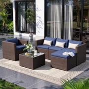 Amopatio 6-Piece Patio Furniture Set, Outdoor Patio Sectional Furniture All-Weather Rattan Wicker Patio Conversation Set Outdoor Furniture for Backyard Balcony,Blue