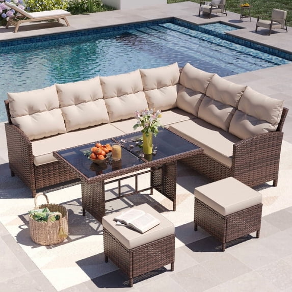 AMOPATIO 7-Piece Patio Furniture Set, Outdoor Sectional Sofa with Dining Table, All Weather Rattan Conversation Set with Ottoman, Khaki