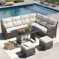 thumbnail image 1 of AMOPATIO 7-Piece Patio Furniture Set, Outdoor Sectional Sofa with Dining Table, All Weather Rattan Conversation Set with Ottoman, Beige, 1 of 8