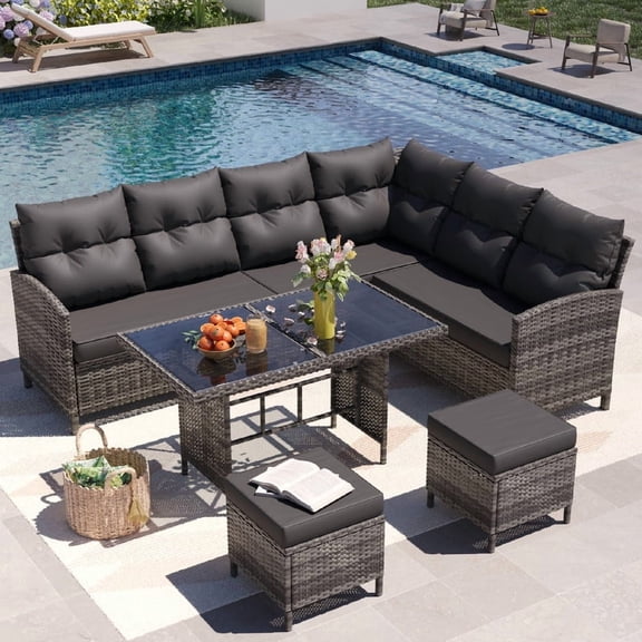 AMOPATIO 7-Piece Patio Furniture Set, Outdoor Sectional Sofa with Dining Table, All Weather Rattan Conversation Set with Ottoman, Black