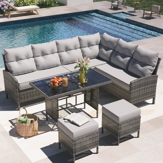 AMOPATIO 7-Piece Patio Furniture Set, Outdoor Sectional Sofa with Dining Table, All Weather Rattan Conversation Set with Ottoman,Gray