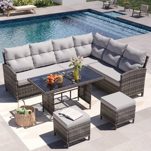 AMOPATIO 7-Piece Patio Furniture Set, Outdoor Sectional Sofa with Dining Table, All Weather Rattan Conversation Set with Ottoman,Gray