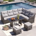 thumbnail image 1 of AMOPATIO 7-Piece Patio Furniture Set, Outdoor Sectional Sofa with Dining Table, All Weather Rattan Conversation Set with Ottoman,Gray, 1 of 7