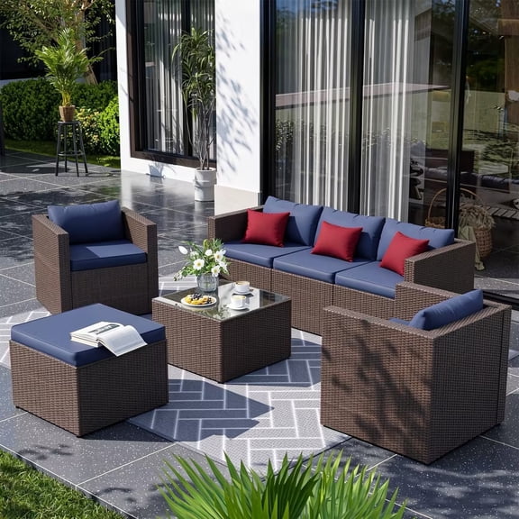 Amopatio 7-Piece Patio Furniture Set, Outdoor Patio Sectional Furniture All-Weather Rattan Wicker Patio Conversation Set Outdoor Furniture for Backyard Balcony,Blue