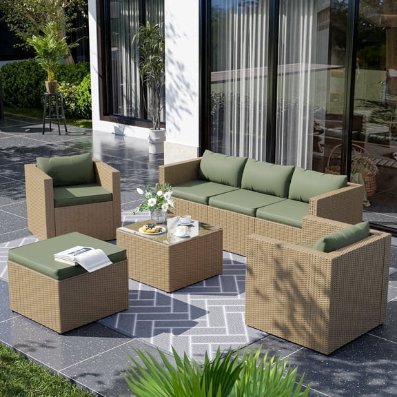 AMOPATIO 7-Piece Patio Furniture Set, Outdoor Patio Sectional Furniture All-Weather Rattan Wicker Patio Conversation Set Outdoor Furniture for Backyard Balcony,Green