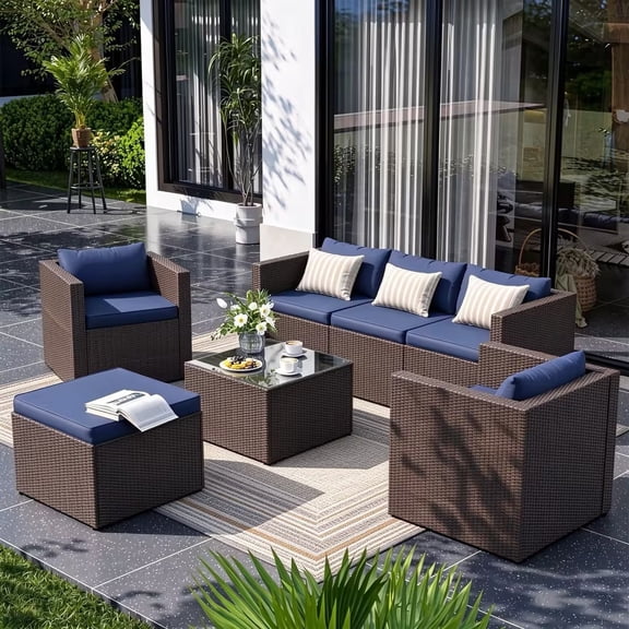 Amopatio 7-Piece Patio Furniture Set, Outdoor Patio Sectional Furniture All-Weather Rattan Wicker Patio Conversation Set Outdoor Furniture for Backyard Balcony,Blue