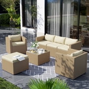 AMOPATIO 7-Piece Patio Furniture Set, Outdoor Patio Sectional Furniture All-Weather Rattan Wicker Patio Conversation Set Outdoor Furniture for Backyard Balcony,Beige