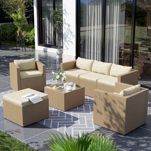 AMOPATIO 7-Piece Patio Furniture Set, Outdoor Patio Sectional Furniture All-Weather Rattan Wicker Patio Conversation Set Outdoor Furniture for Backyard Balcony,Beige
