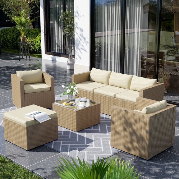 AMOPATIO 7-Piece Patio Furniture Set, Outdoor Patio Sectional Furniture All-Weather Rattan Wicker Patio Conversation Set Outdoor Furniture for Backyard Balcony,Beige