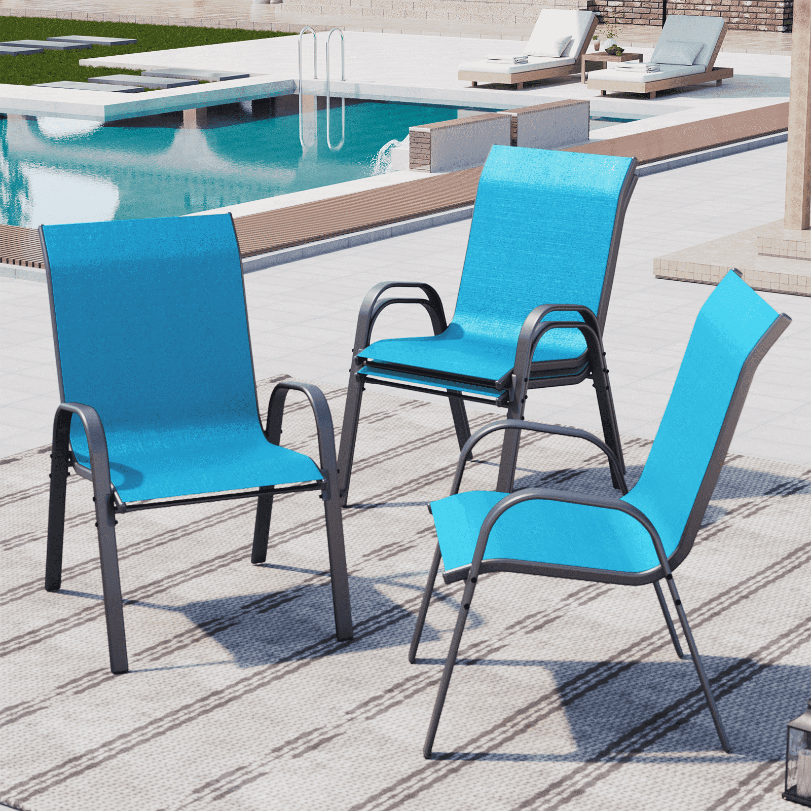 AMOPATIO Patio Chairs Set of 4, Outdoor Stackable Dining Chairs for All Weather, Breathable Garden Outdoor Furniture for Backyard Deck, Blue