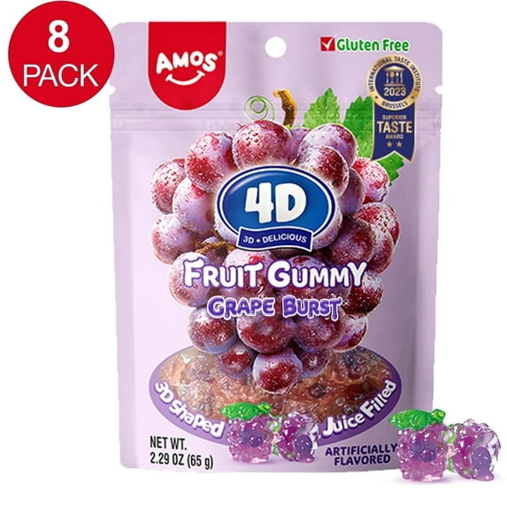 AMOS 4D Fruit Gummy Grape Burst, Fruity Snacks Jelly Filled 2.29oz Per Bag (8 Bags)