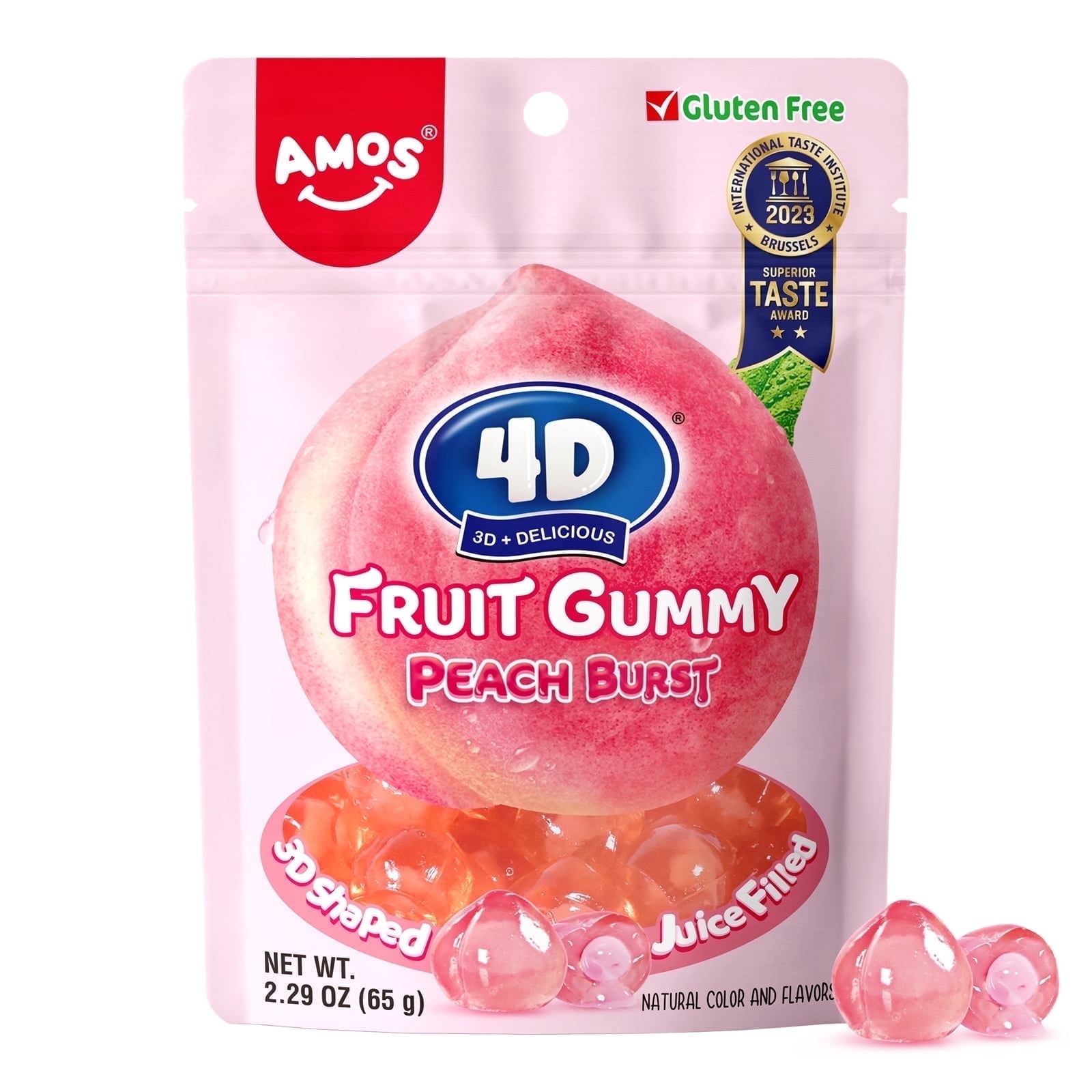 AMOS 4D Fruit Gummy Natural Peach Burst, Fruity Snacks Jelly Filled 2.29oz Per Bag(3 Bags)