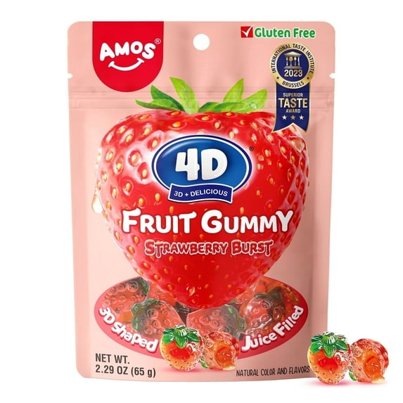 AMOS 4D Fruit Gummy Natural Strawberry Burst, Fruity Snacks Jelly Filled 2.29oz Per Bag(3 Bags)