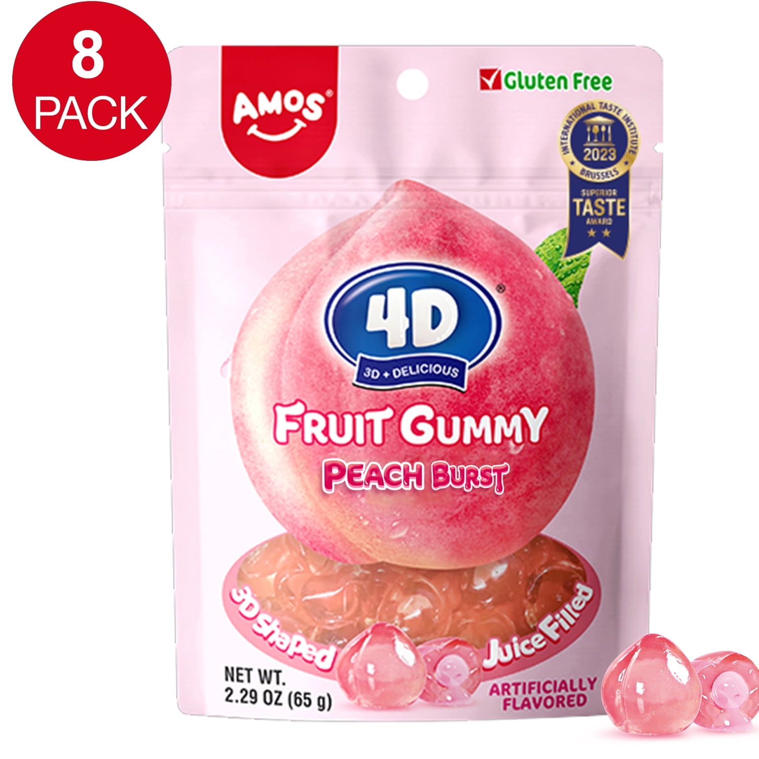 Walmart savings: AMOS 4D Fruit Gummy Peach Burst, Fruity Snacks Jelly Filled 2.29oz Per Bag (8 Bags)