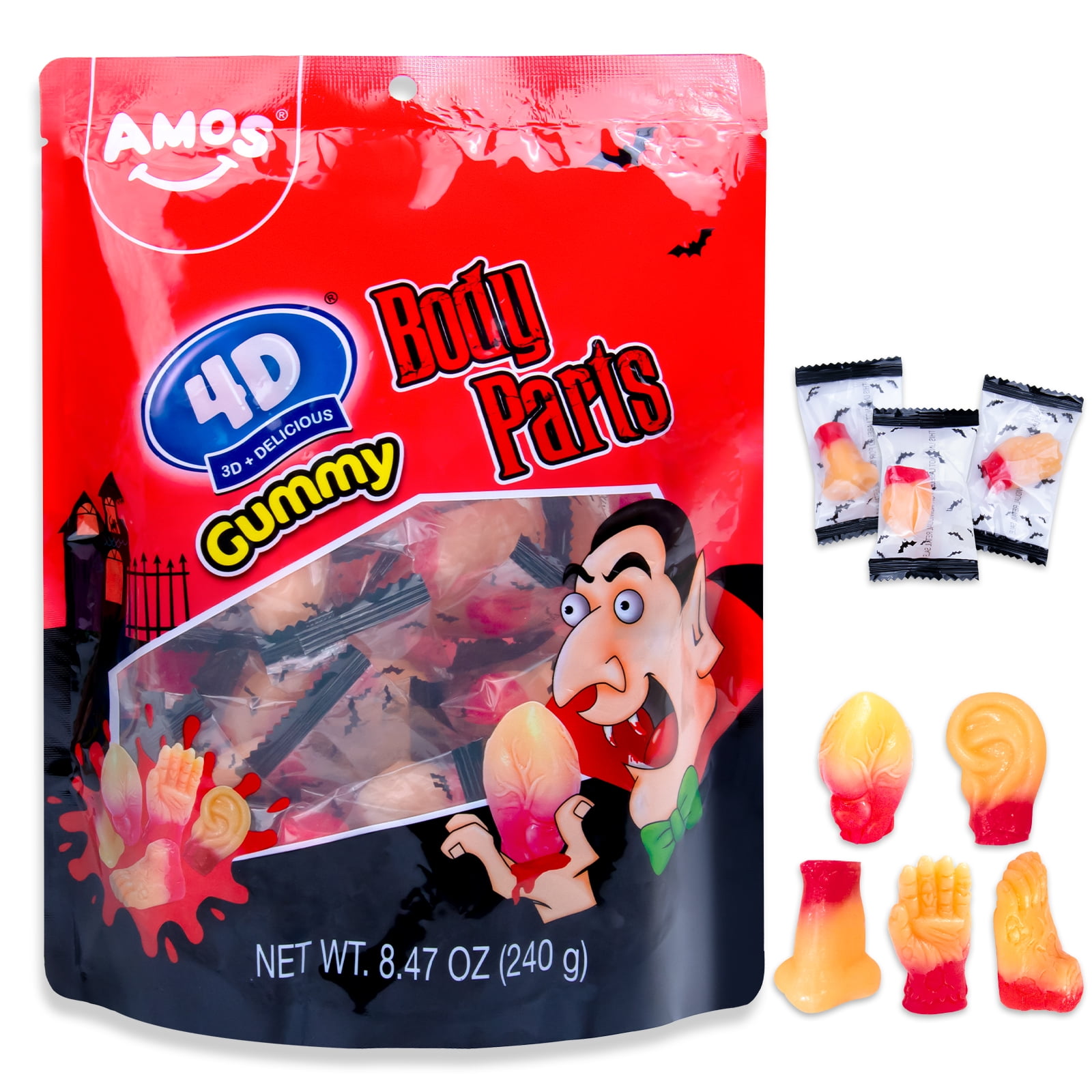 AMOS 4D Gummy Body Parts Edible Small Halloween Candy Bulk Individually Wrapped Bags Shaped