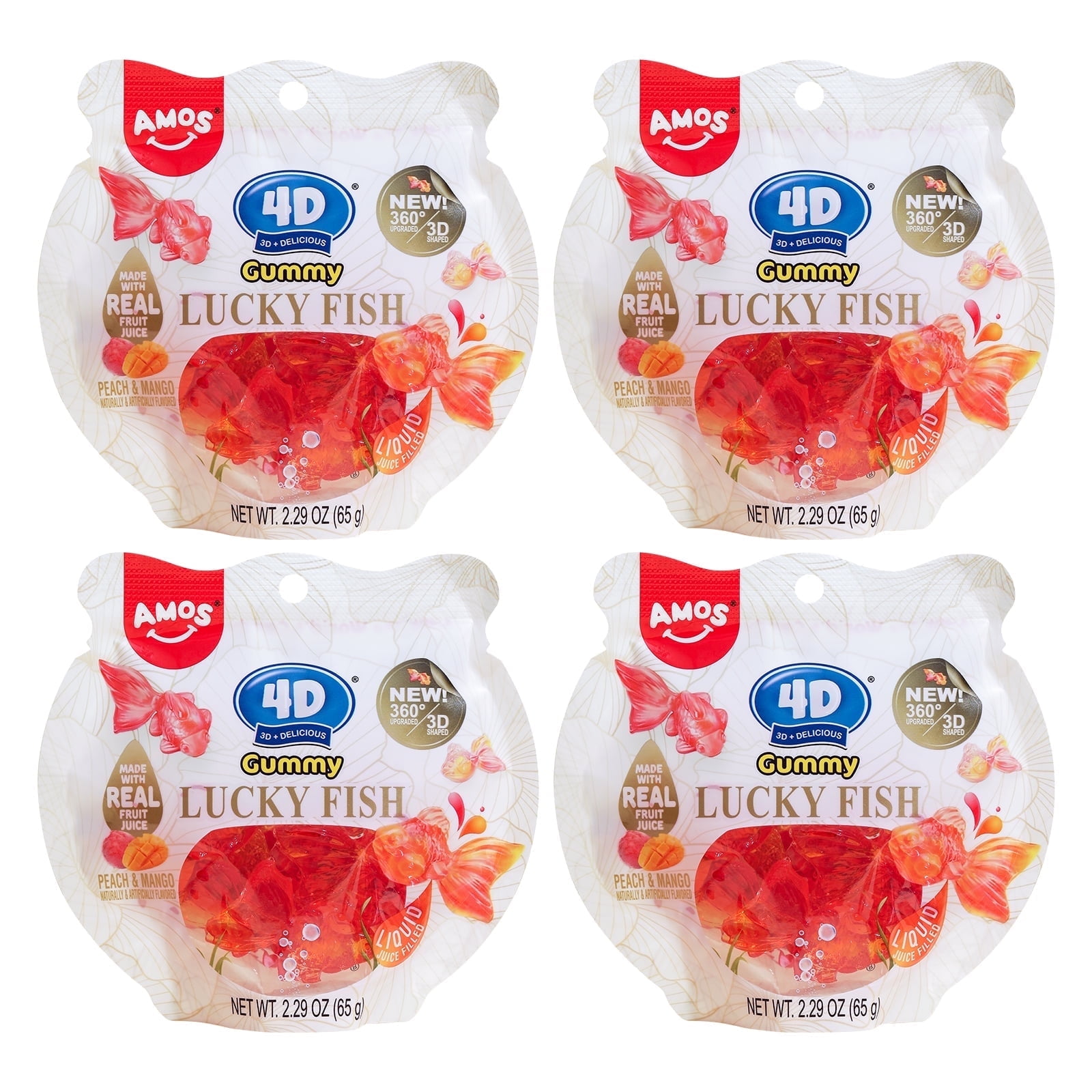 AMOS 4D Gummy Golden Fish Peach & Mango Candy, Made with Real Fruit Juice 2.29 oz (Pack of 4)
