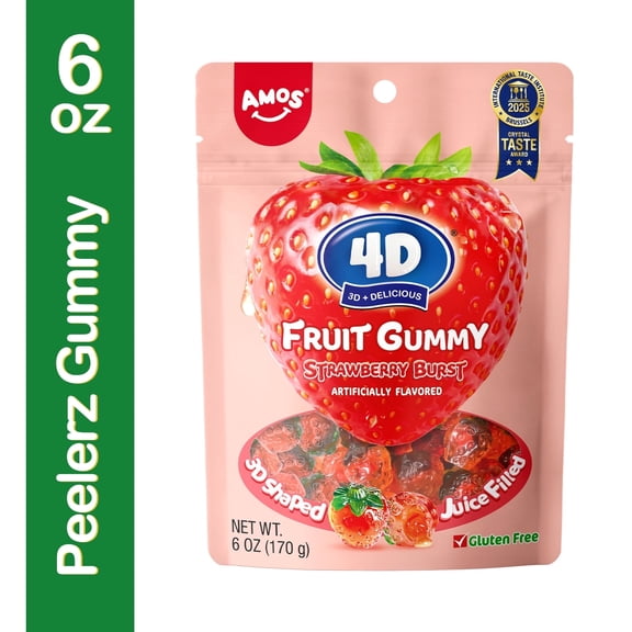 Amos 4D Gummy Candy, Strawberry Burst Chewy Gummy Gulten-Free 6oz (1 Pack)