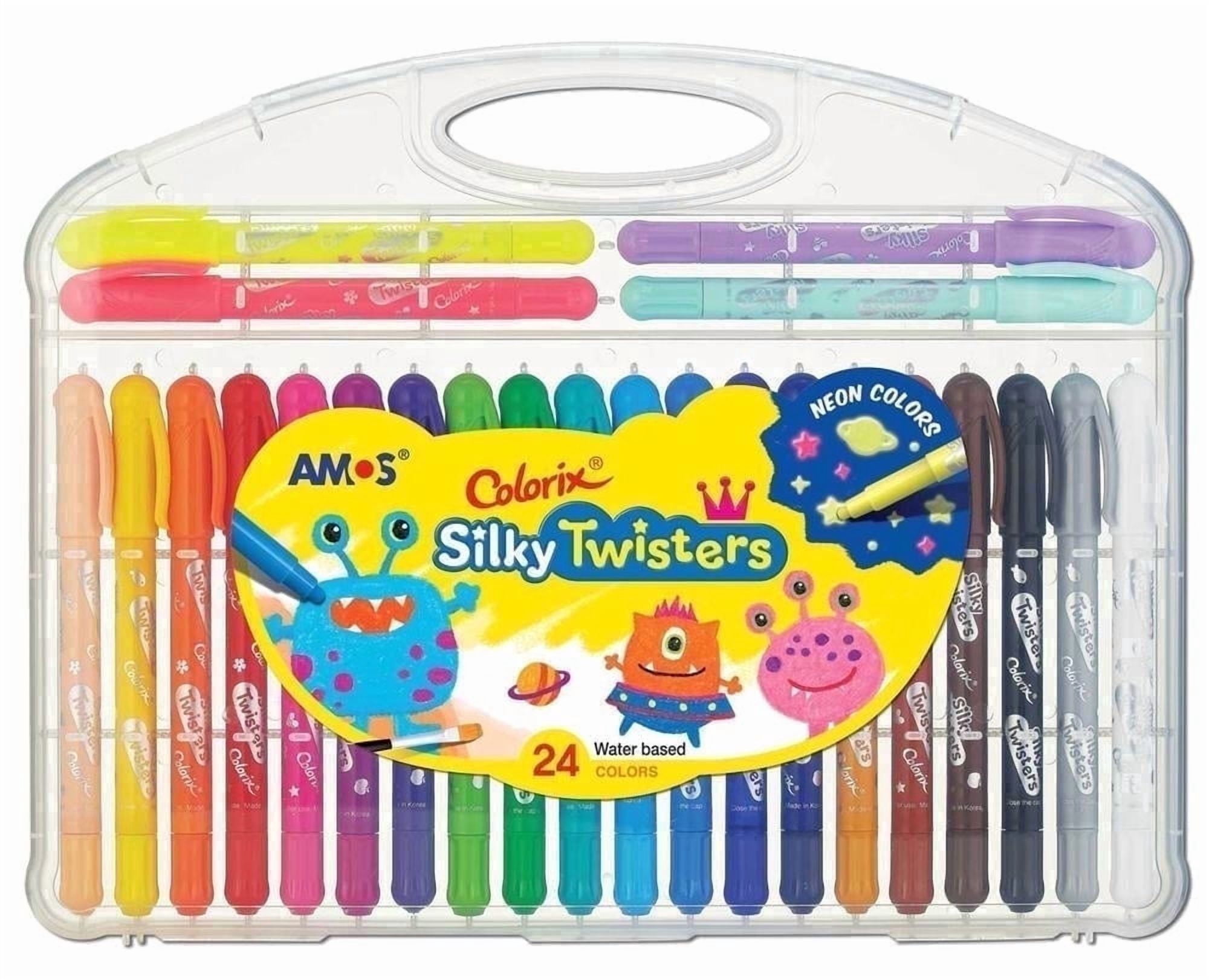 AMOS SILKY TWISTERS — 3 in 1 Gel Crayons, Twistable, Washable, Smooth, Safe & Non‑Toxic, 24 Colors in Plastic Case