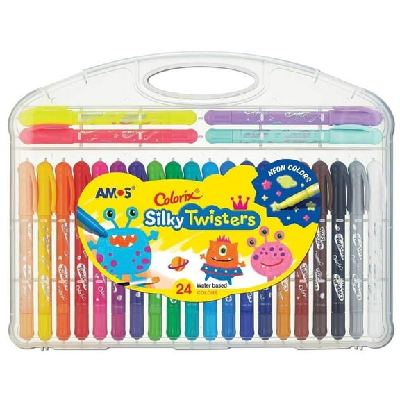AMOS SILKY TWISTERS — 3 in 1 Gel Crayons, Twistable, Washable, Smooth, Safe & Non‑Toxic, 24 Colors in Plastic Case