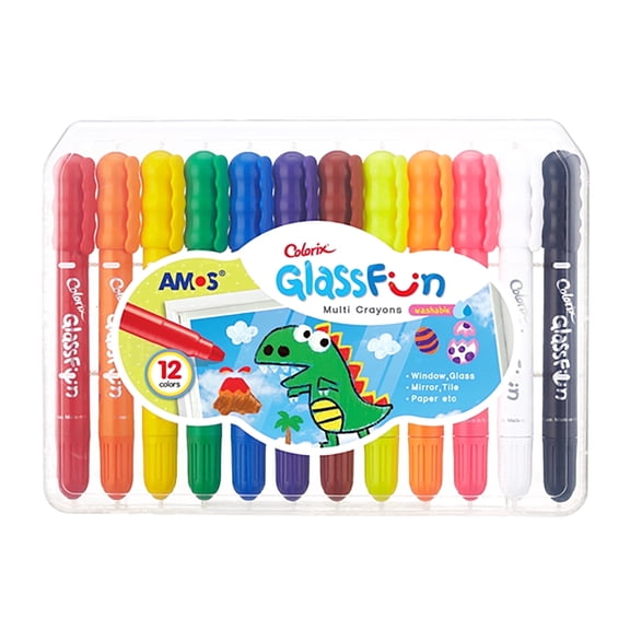 AMOS Crayons – 12 Washable Colors for Windows, Glass & Mirror, Safe & Non-Toxic Markers, Easy Clean Art Set with Storage Case