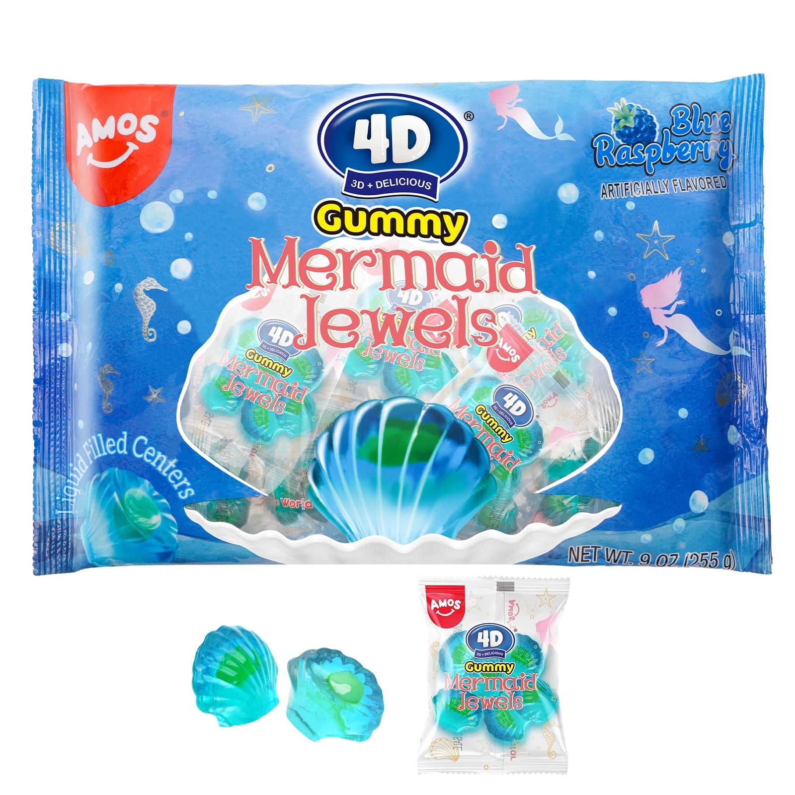 AMOS Gummy Candy Mermaid Jewels Fruity Filled Raspberry Flavor, 9oz Family Bags