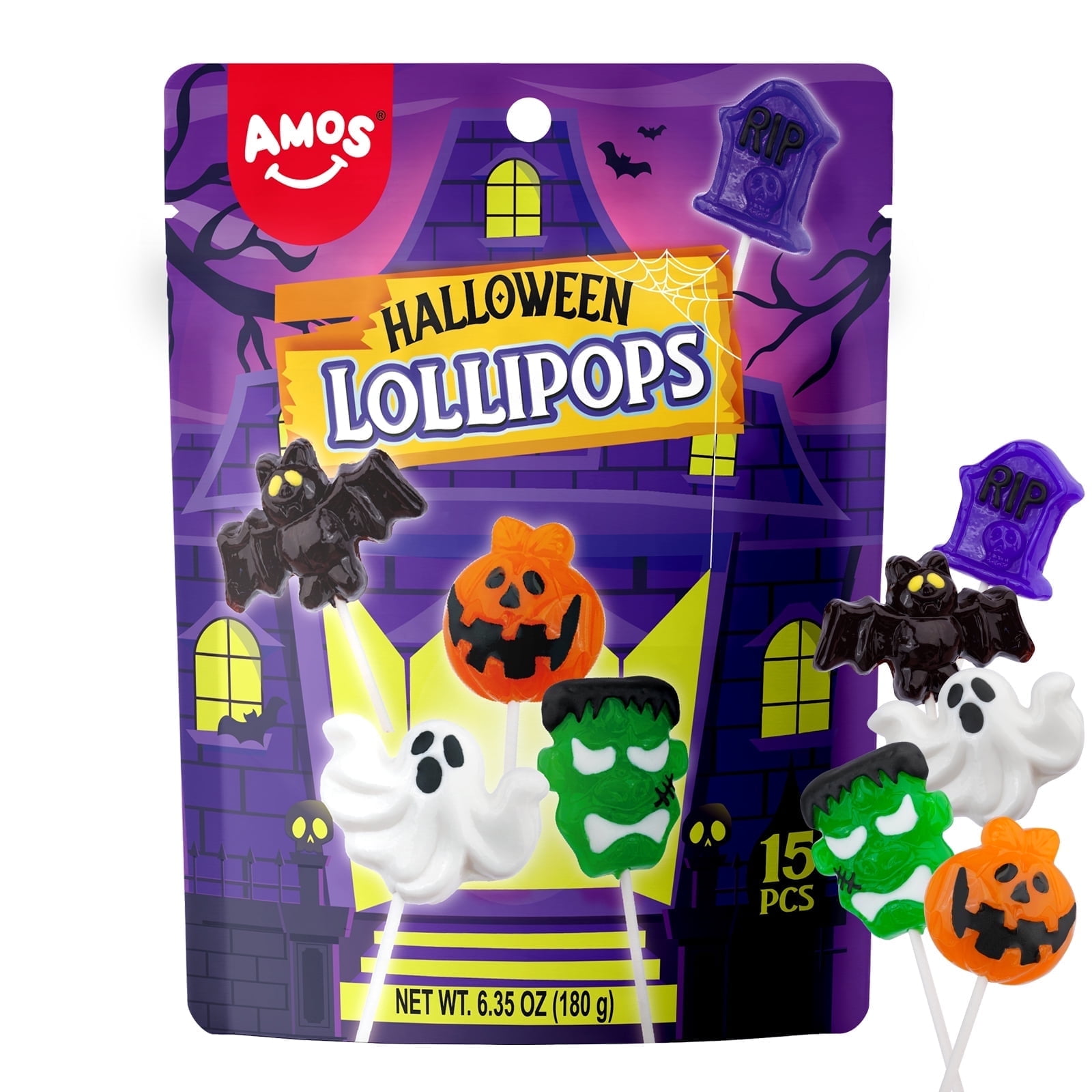 Walmart Black Friday Deals 2025 AMOS Halloween Candy Lollipop Individually Wrapped 15 Pieces per Bag with Mixed Fruit Flavors 6.35oz