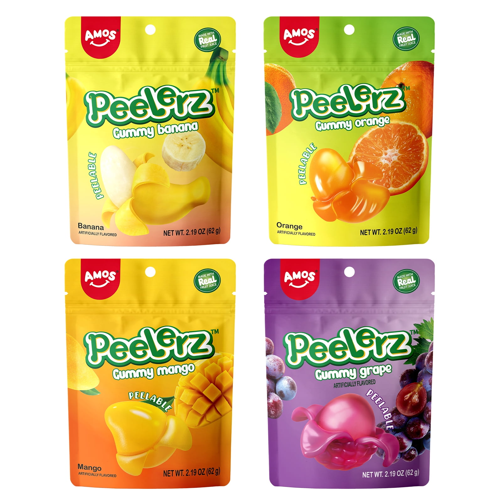 AMOS Peelerz Gummy Variety Pack - 4 Individual Packs, Peelable Fruity Gummies in Mango, Orange, Grape and Banana Flavors
