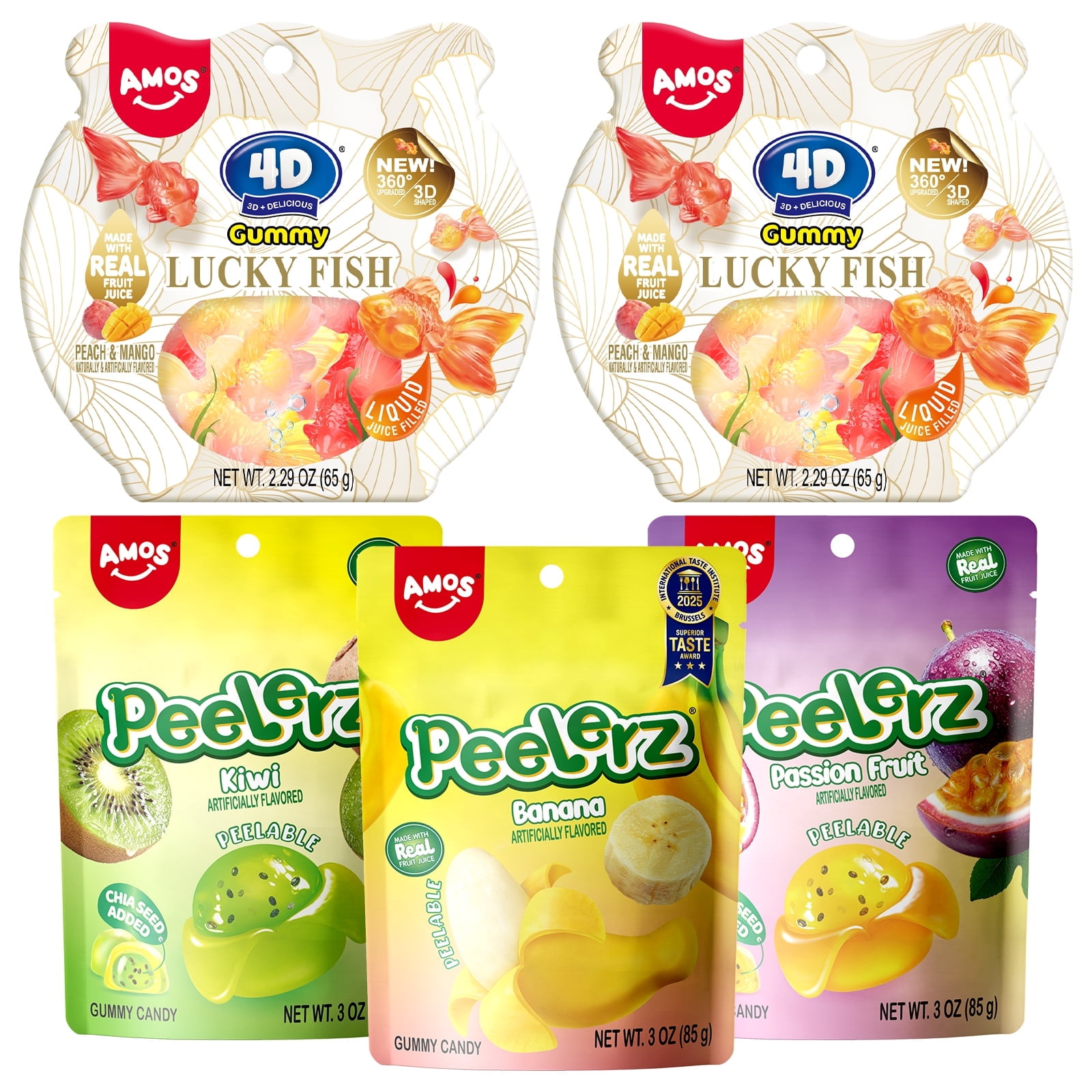 AMOS Peelerz Gummy Variety Pack - 5 Individual Packs, Peelable Fruity Gummies in 2 Gold Fish, Banana, Kiwi and Passion Fruit Flavors