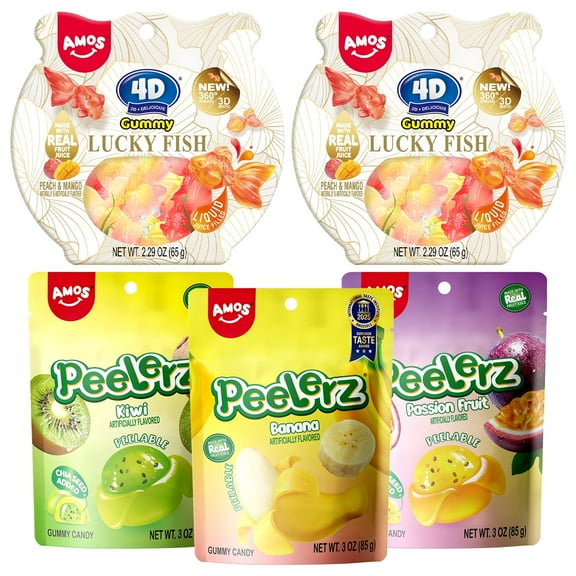 AMOS Peelerz Gummy Variety Pack - 5 Individual Packs, Peelable Fruity Gummies in 2 Gold Fish, Banana, Kiwi and Passion Fruit Flavors