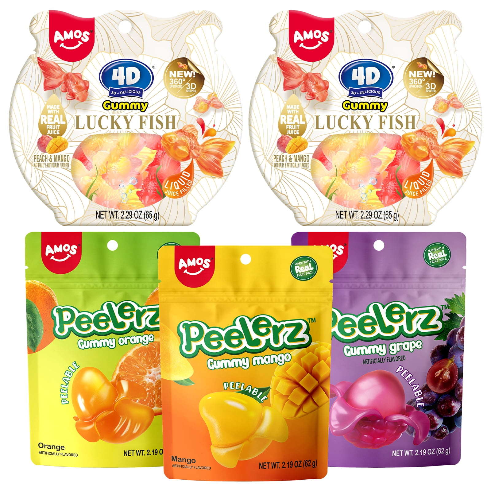 AMOS Peelerz Gummy Variety Pack - 5 Individual Packs, Peelable Fruity Gummies in 2 Gold Fish, Orange, Grape and Mango Flavors
