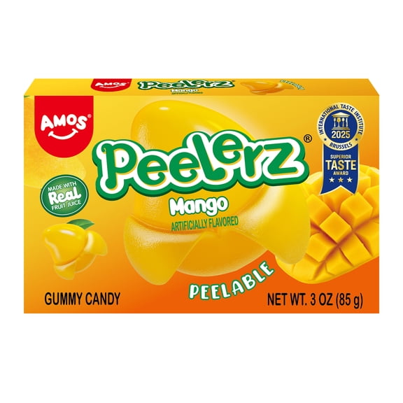 AMOS Peelerz Mango Peelable Gummy Candy, Chewy Candy in Movie Theater Candy Box, Great for Halloween Candy Bags, 3 oz