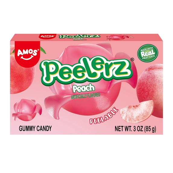 AMOS Peelerz Peach Theatre Box Gummy Candy, Gluten, Milk and Nut Free, 1 Count, 3 Oz