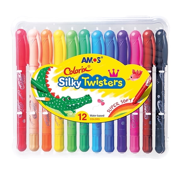 AMOS SILKY TWISTERS — 3 in 1 Gel Crayons, Twistable, Washable, Smooth, Safe & Non‑Toxic, 12 Colors in Plastic Case
