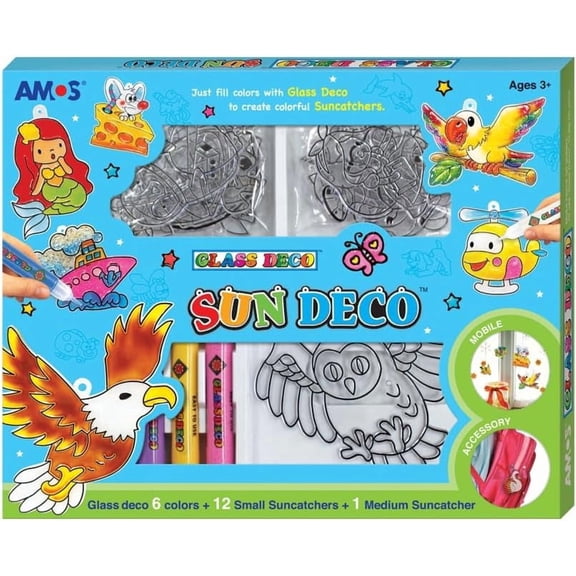 AMOS Sun Deco Suncatcher Painting Kit for Kids, 13 Window Art Suncatchers, Assorted Designs