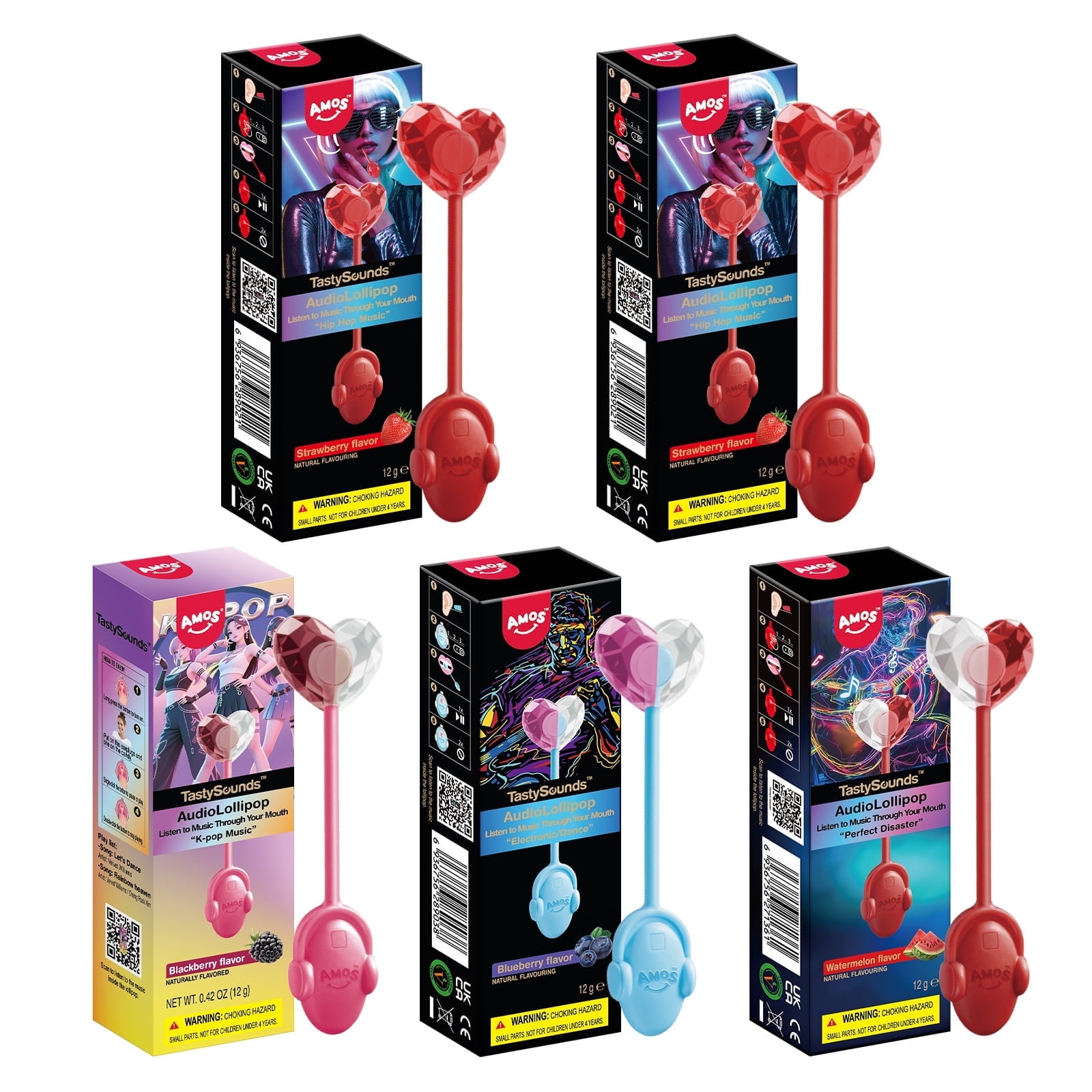AMOS Tasty Sounds Music Lollipop, Unique Singing Candy, Strawberry