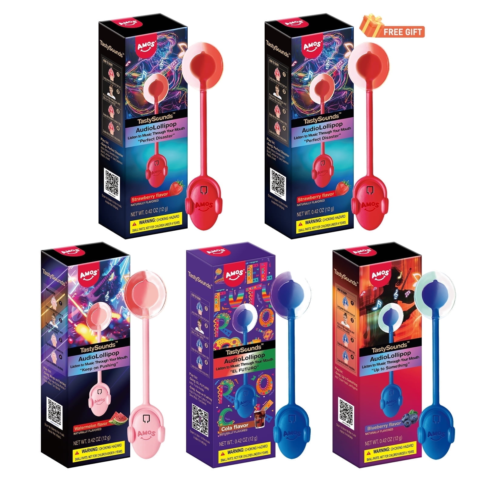 AMOS Tasty Sounds Music Lollipop Candy, Singing Music Lollipop Sugar Free, 2 Strawberry & Blueberry & Cola & Watermelon Natural Flavor (Pack of 2)