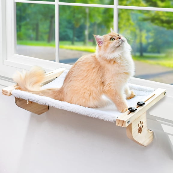 Sturdy Cat Window Perch Hammock Seat with Wood & Metal Frame, Adjustable Large Cat Window Bed, Multi-Surface Rest Shelf for Windowsills, Bedside, Drawers & Cabinets