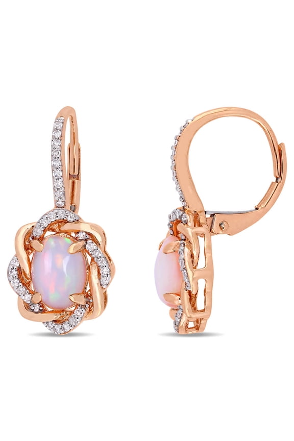 1 1/2 CT TGW Blue Ethiopian Opal and 1/4 CT TW Diamond Halo Leverback Earrings In 10K Rose Gold