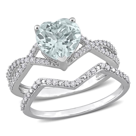 AMOUR 1 1/2 CT TGW Heart Aquamarine and 1/3 CT TDW Diamond Bridal Ring Set In 14K White Gold